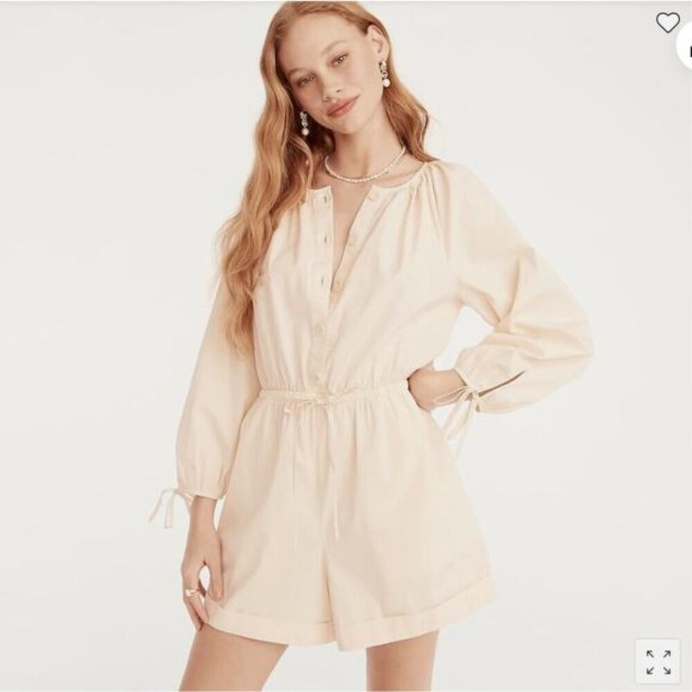 J.Crew Cotton Poplin Tie-Sleeve Romper in Peach Long Sleeve Size Small